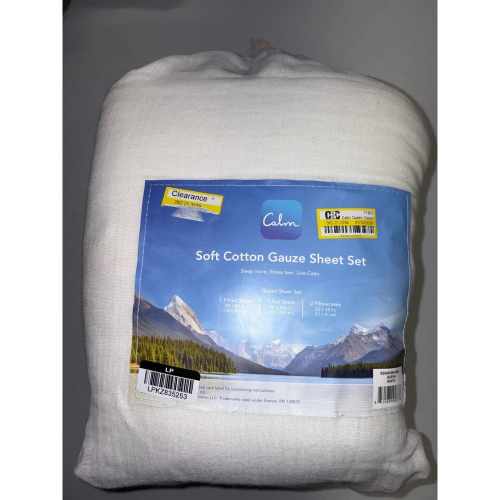 Calm Queen Soft Cotton Gauze Sheet Set White 4 Piece Lightweight Breathable